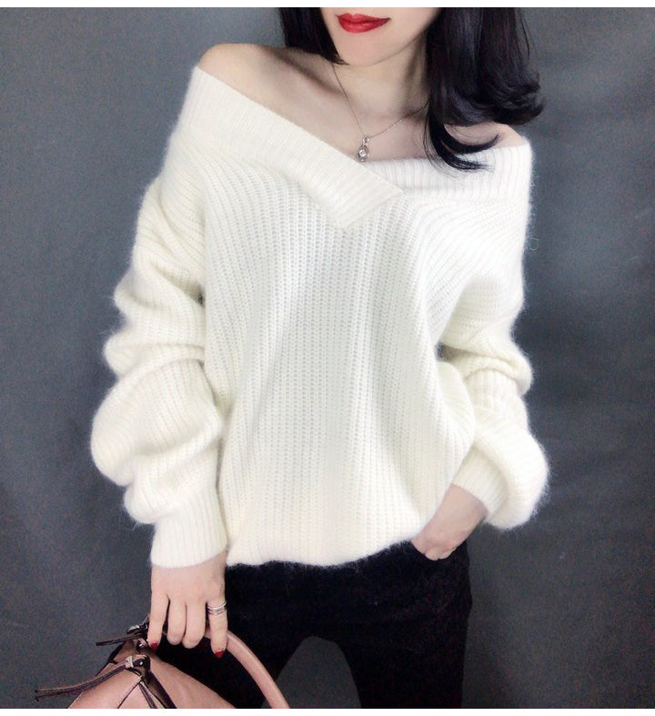 V Neck White Pullover Sweaters