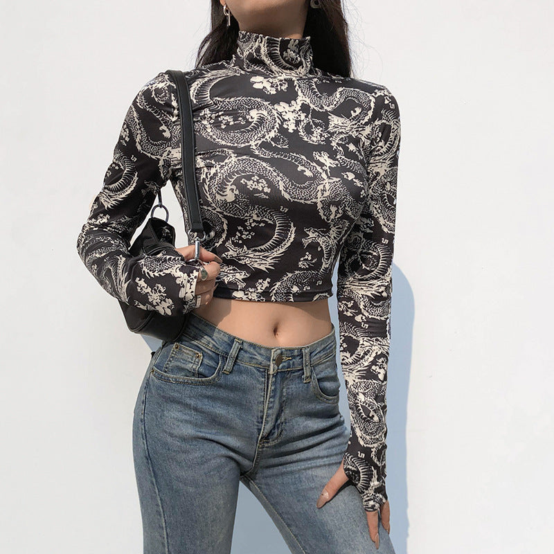 Print Anime Shirt Female Turtleneck Long Sleeve Shorts