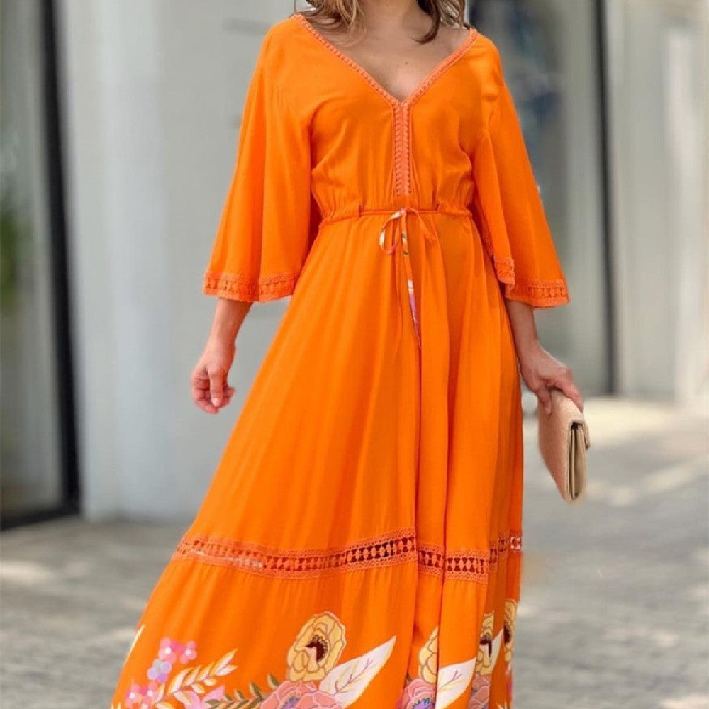 Lace Printed Stitching 7-point Sleeve Long Large Hem Dress