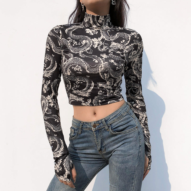 Print Anime Shirt Female Turtleneck Long Sleeve Shorts