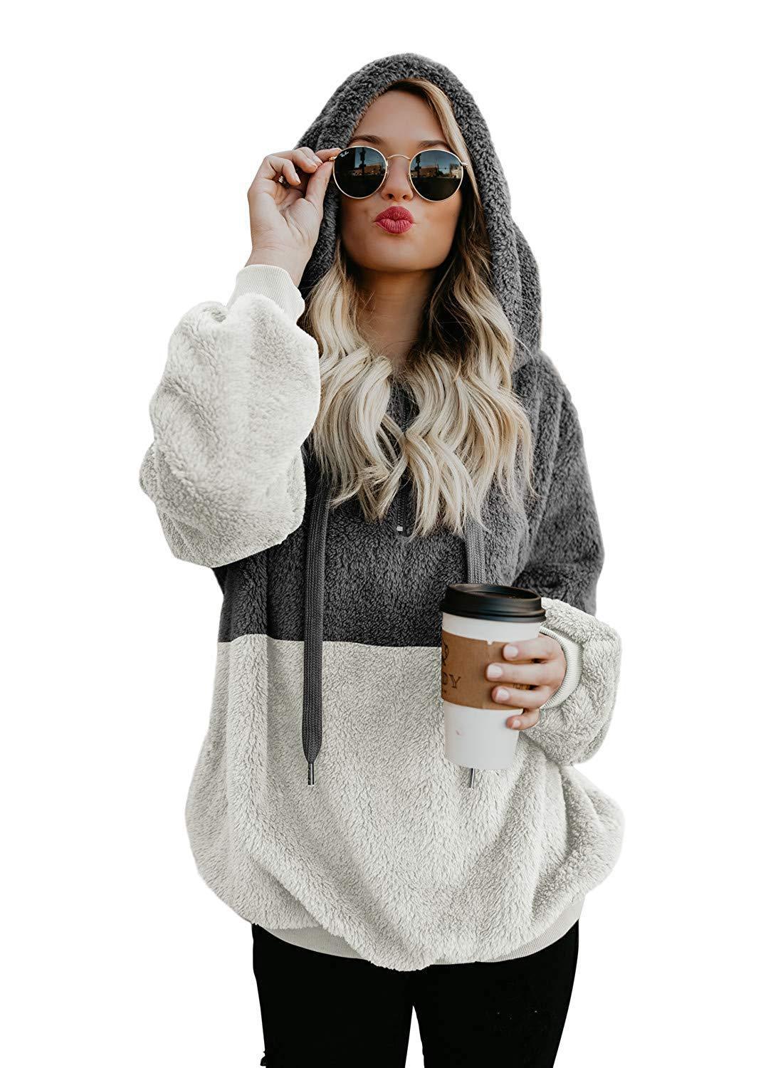 Women Casual Plush Zipper Warm Loose Hoodies