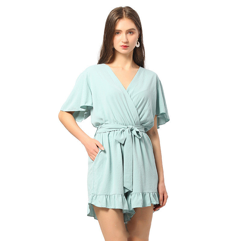 Satin V Neck Jumpsuit Shorts