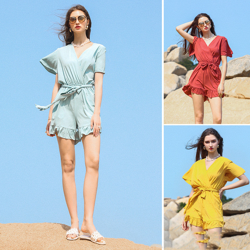 Satin V Neck Jumpsuit Shorts