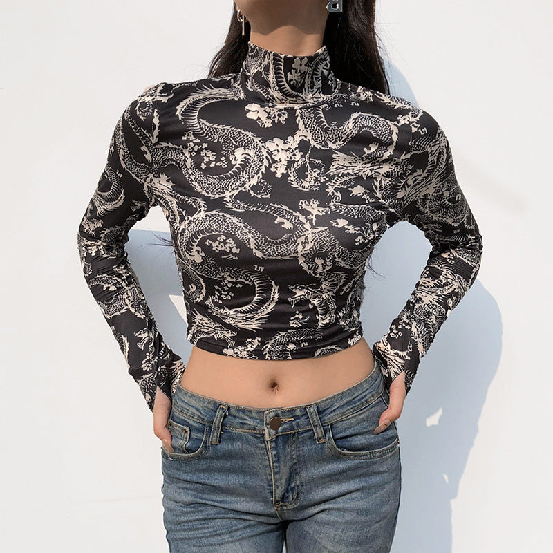 Print Anime Shirt Female Turtleneck Long Sleeve Shorts