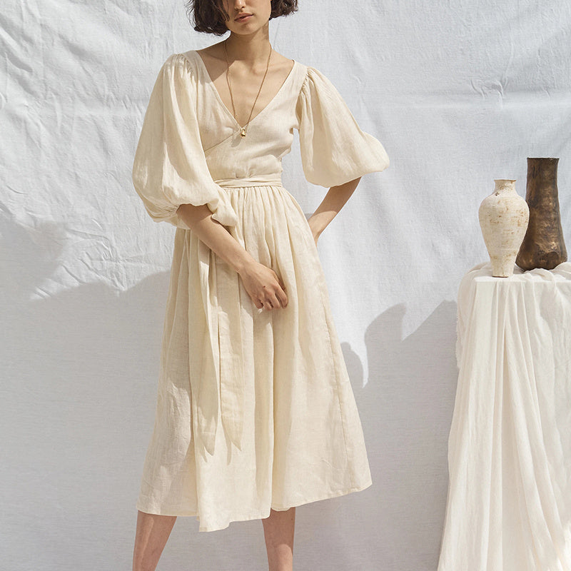 Style Waist-Tie Puff Sleeve Dress