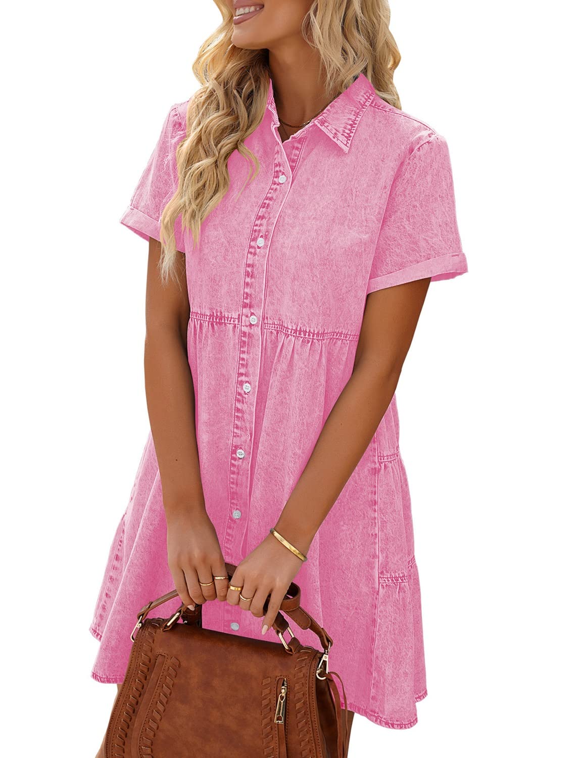LookbookStore Pink Dresses for Women Valentines Day Pink Dress 2024 Summer Short Jean Dress Casual Short Sleeves Babydoll Denim Dress for Women Size L