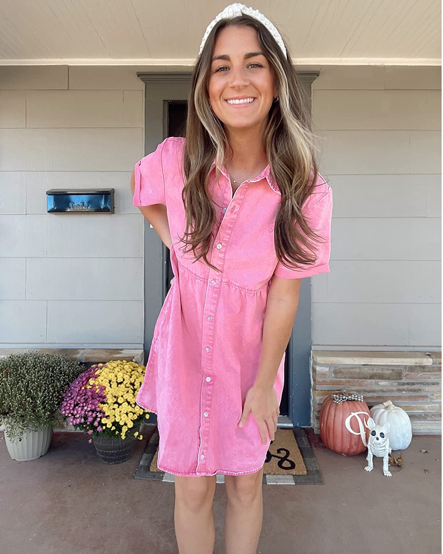 LookbookStore Pink Dresses for Women Valentines Day Pink Dress 2024 Summer Short Jean Dress Casual Short Sleeves Babydoll Denim Dress for Women Size L