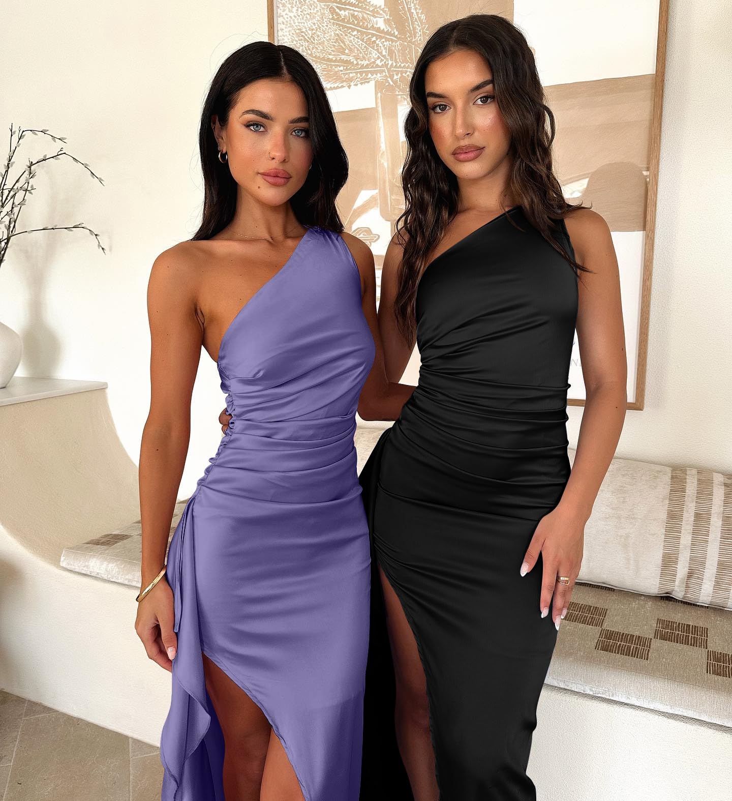 Memoriesea Women's Sexy One Shoulder Satin High Split Cocktail Wedding Party Maxi Dress Black