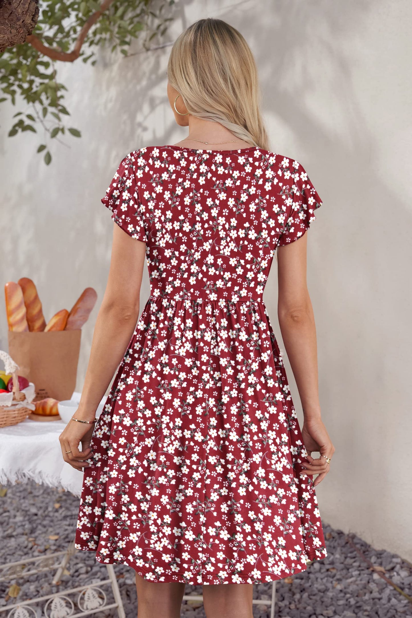 WNEEDU Women Summer Dresses Sleeveless Casual Loose Swing Button Down Midi Dress with Pockets(Floral Red,L)
