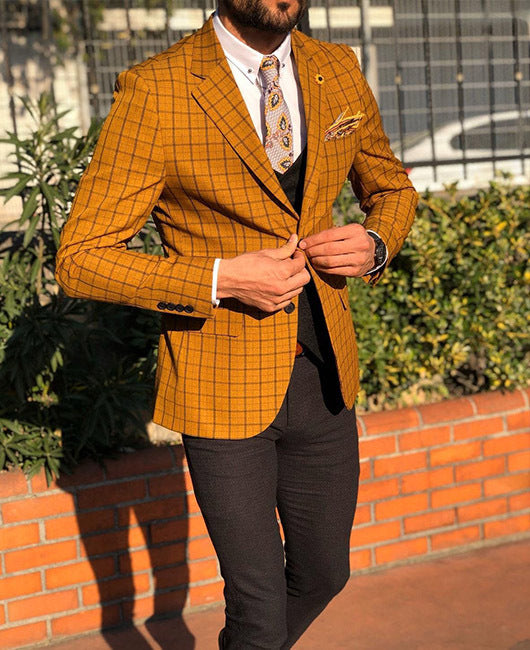 Men's Single-Row Two-button Plaid Blazer