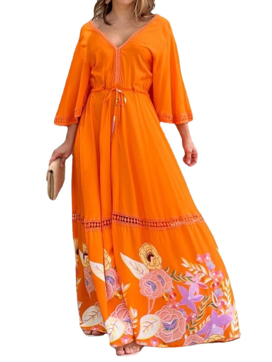 Lace Printed Stitching 7-point Sleeve Long Large Hem Dress