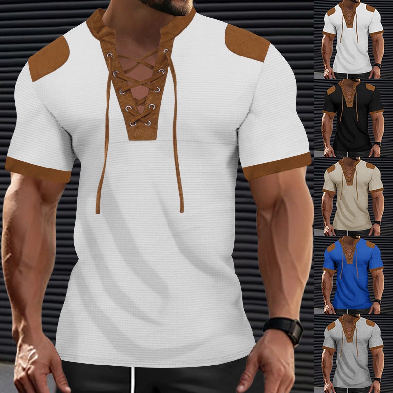 European And American Sports And Leisure Henley Shirt Short Sleeve Lace-up Neckline