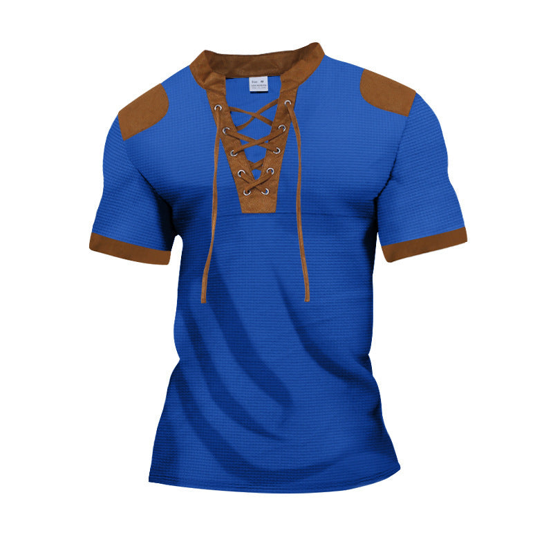 European And American Sports And Leisure Henley Shirt Short Sleeve Lace-up Neckline