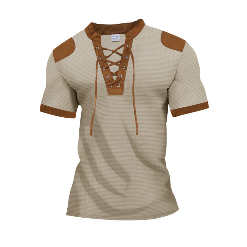 European And American Sports And Leisure Henley Shirt Short Sleeve Lace-up Neckline