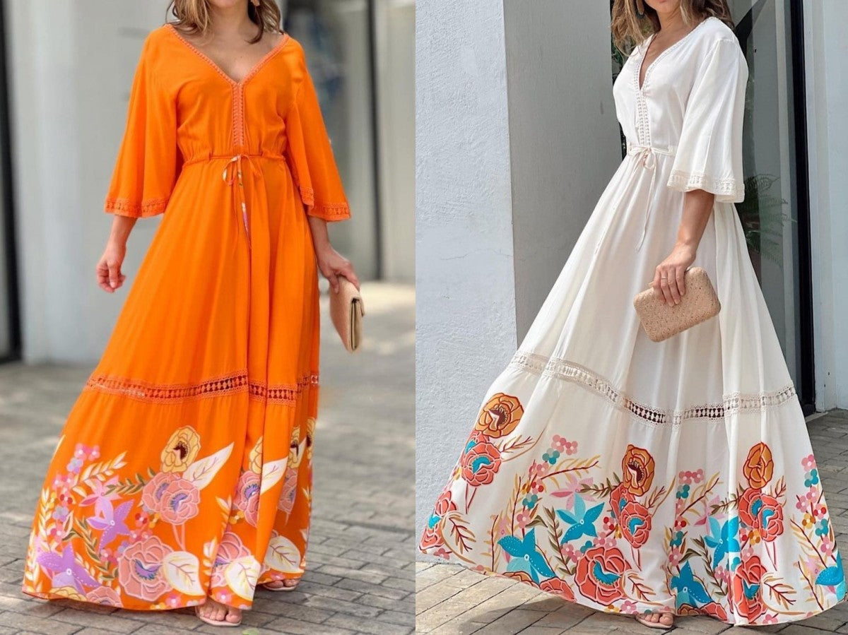 Lace Printed Stitching 7-point Sleeve Long Large Hem Dress