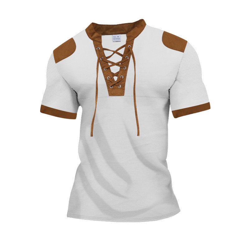 European And American Sports And Leisure Henley Shirt Short Sleeve Lace-up Neckline