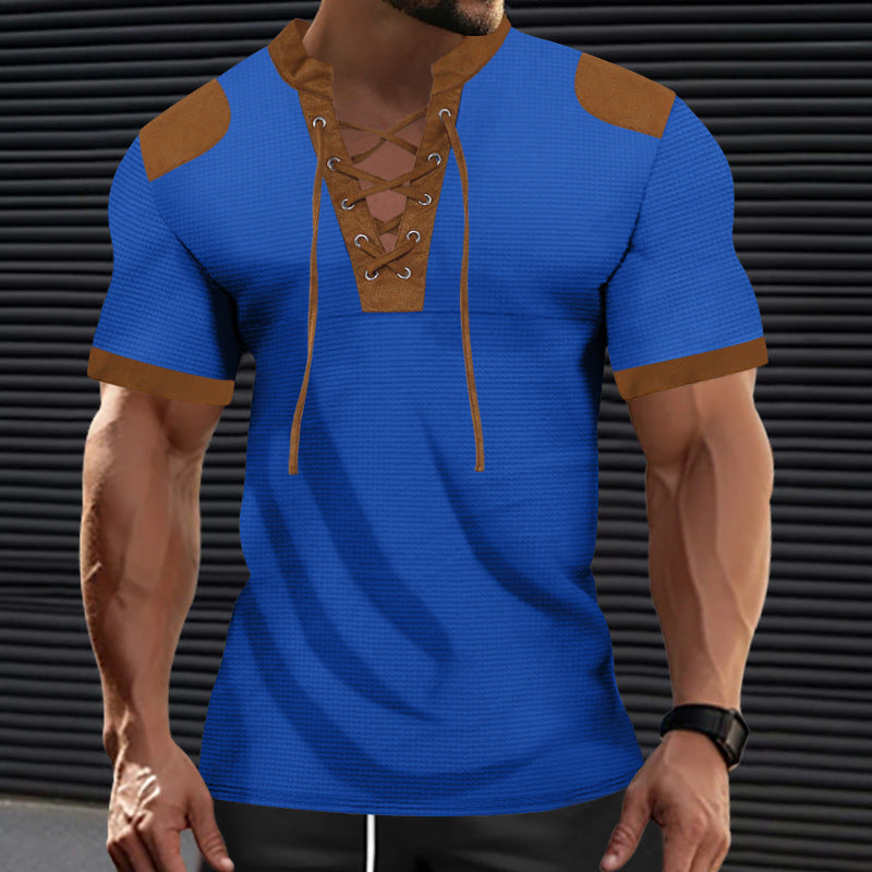 European And American Sports And Leisure Henley Shirt Short Sleeve Lace-up Neckline