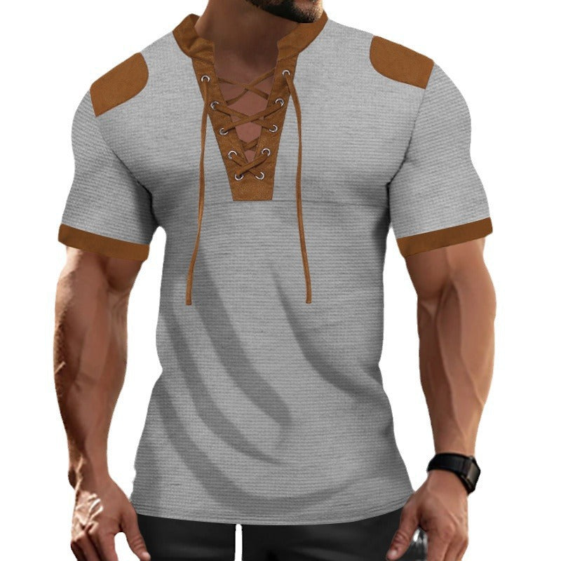 European And American Sports And Leisure Henley Shirt Short Sleeve Lace-up Neckline