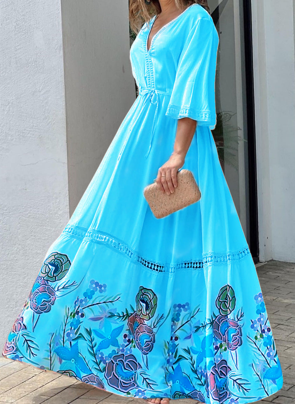 Lace Printed Stitching 7-point Sleeve Long Large Hem Dress