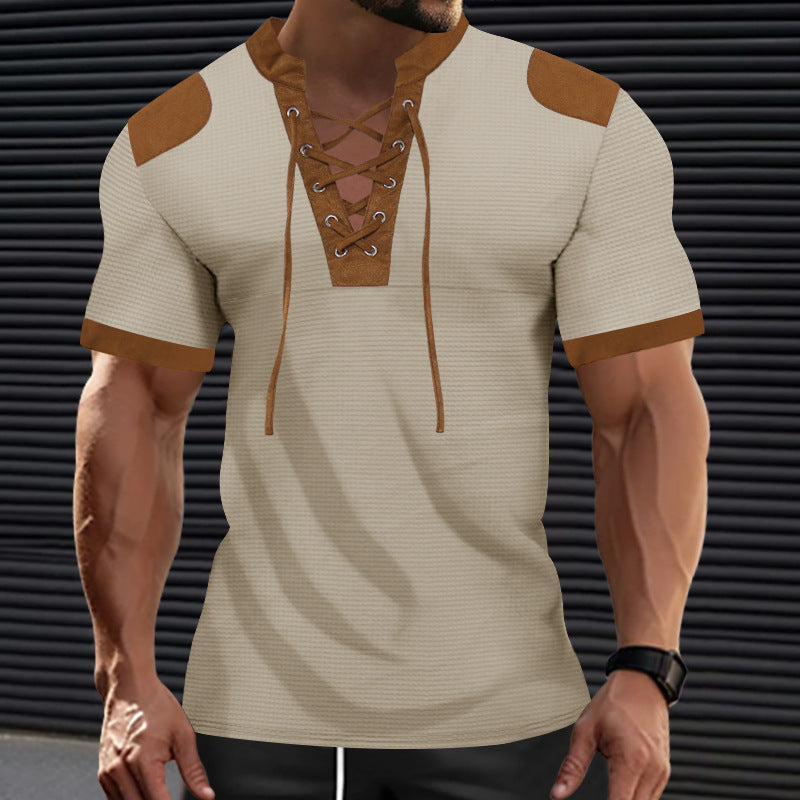 European And American Sports And Leisure Henley Shirt Short Sleeve Lace-up Neckline