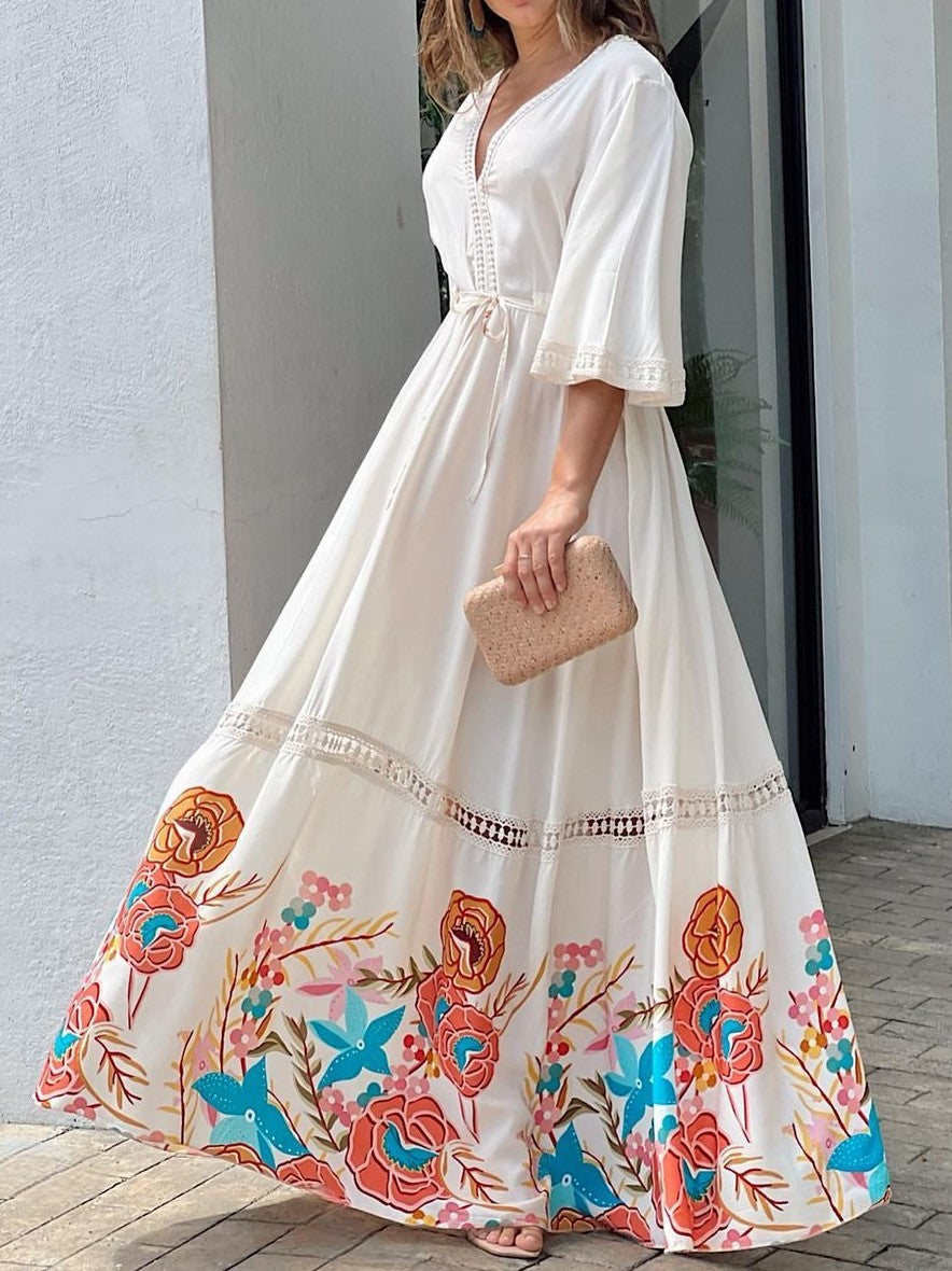 Lace Printed Stitching 7-point Sleeve Long Large Hem Dress