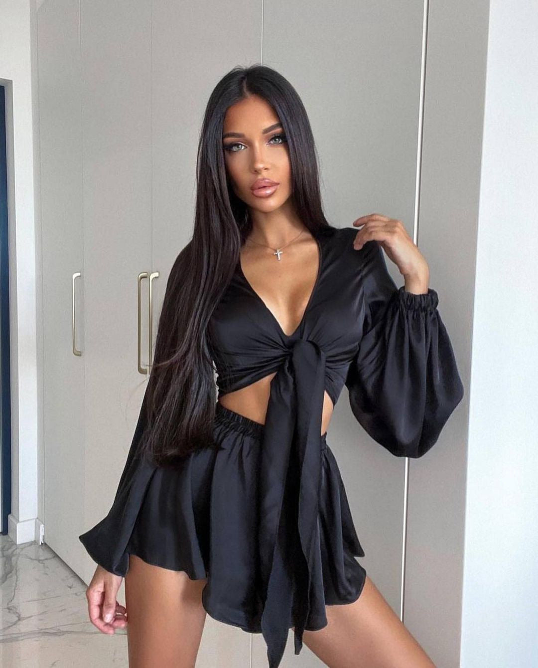 Long Sleeve Top And Shorts Suit For Women