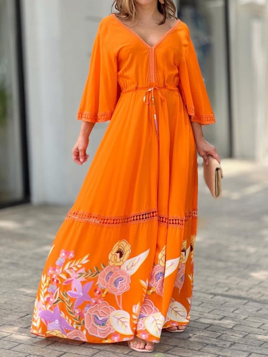 Lace Printed Stitching 7-point Sleeve Long Large Hem Dress