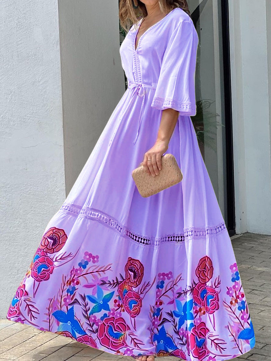 Lace Printed Stitching 7-point Sleeve Long Large Hem Dress