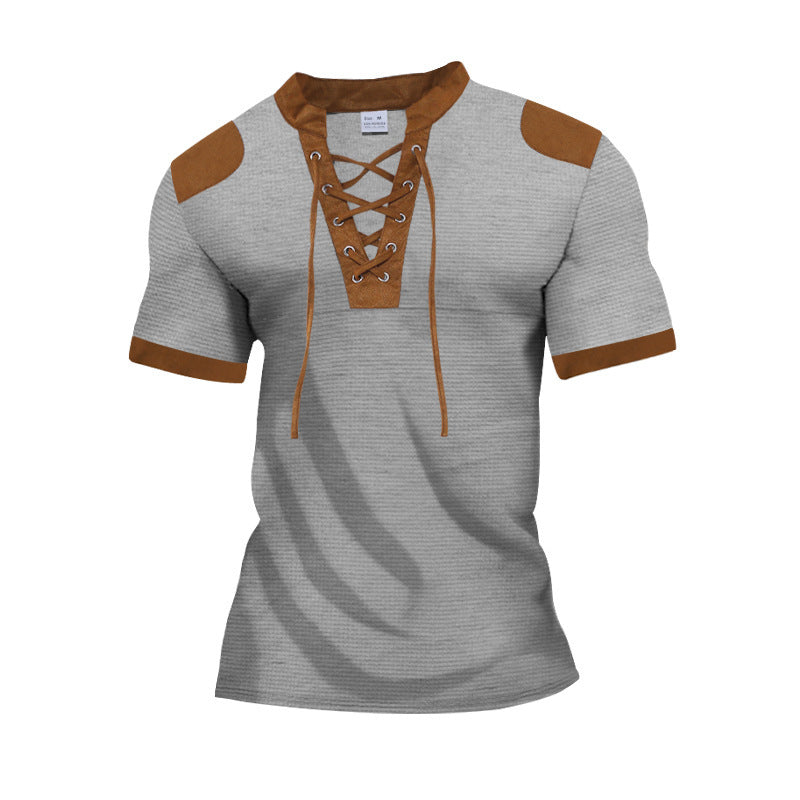 European And American Sports And Leisure Henley Shirt Short Sleeve Lace-up Neckline