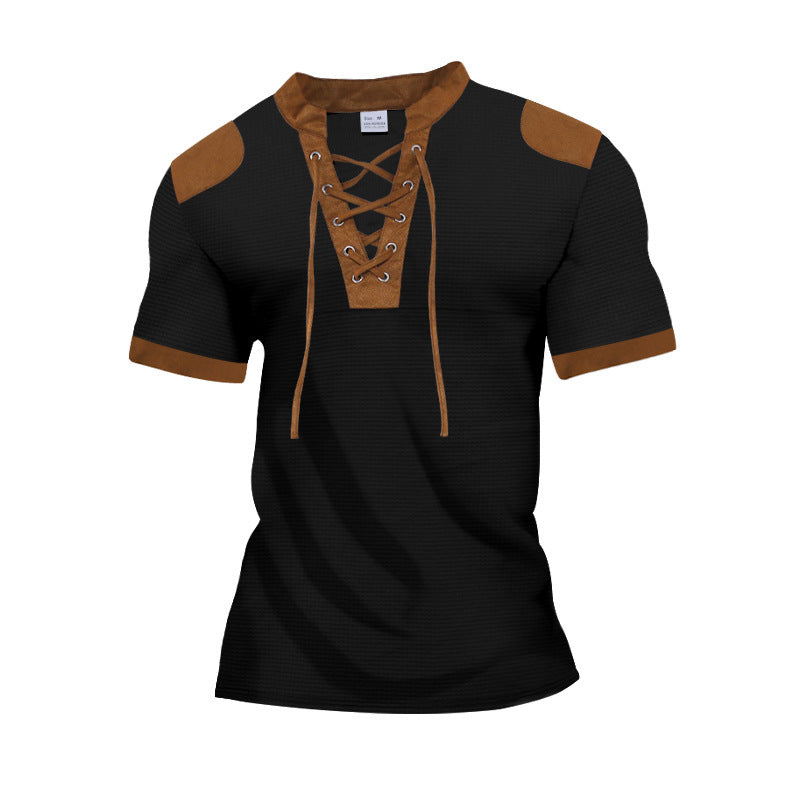 European And American Sports And Leisure Henley Shirt Short Sleeve Lace-up Neckline