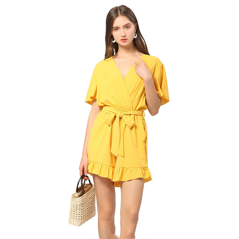 Satin V Neck Jumpsuit Shorts