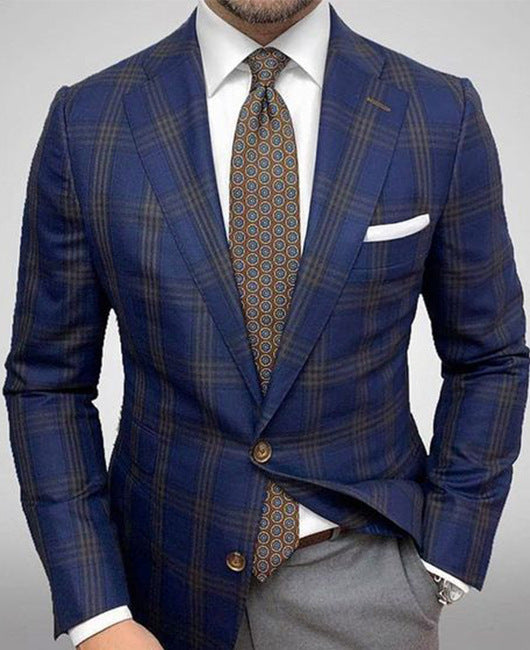 Men's Single-Row Two-button Plaid Blazer