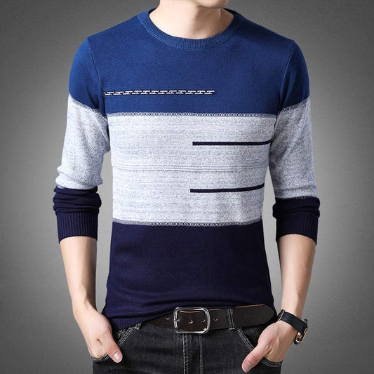 Winter Pullover Men Round Collar Striped Sweaters