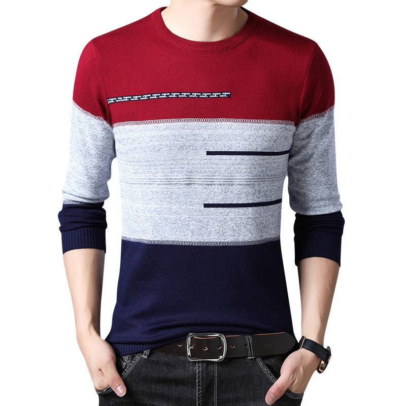 Winter Pullover Men Round Collar Striped Sweaters