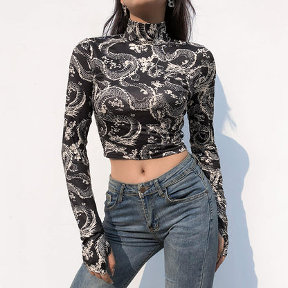 Print Anime Shirt Female Turtleneck Long Sleeve Shorts