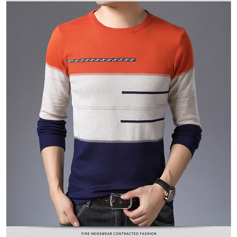 Winter Pullover Men Round Collar Striped Sweaters