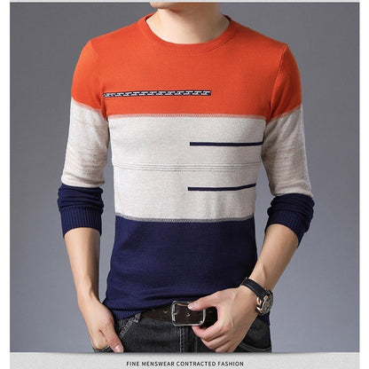 Winter Pullover Men Round Collar Striped Sweaters