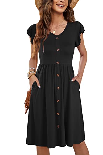 WNEEDU Women Summer Dresses Sleeveless Casual Loose Swing Button Down Midi Dress with Pockets(Black,L)