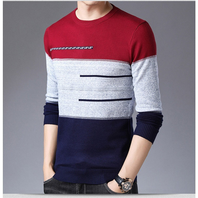 Winter Pullover Men Round Collar Striped Sweaters