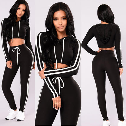 Ladies Crop Top Hoodies With Sweatshirt Pants Sets