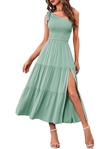 MEROKEETY Women's Summer Bohemian One Shoulder Sleeveless Split Flowy Pleated Midi Dress,Sage,M
