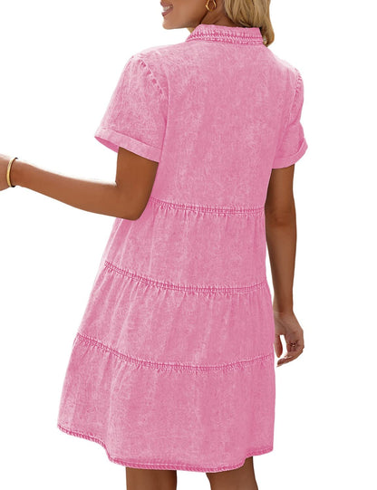 LookbookStore Pink Dresses for Women Valentines Day Pink Dress 2024 Summer Short Jean Dress Casual Short Sleeves Babydoll Denim Dress for Women Size L