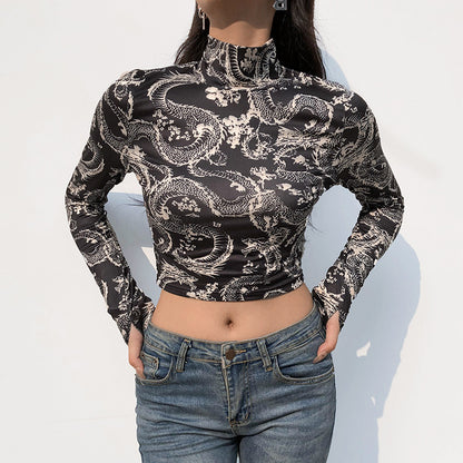 Print Anime Shirt Female Turtleneck Long Sleeve Shorts