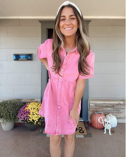 LookbookStore Pink Dresses for Women Valentines Day Pink Dress 2024 Summer Short Jean Dress Casual Short Sleeves Babydoll Denim Dress for Women Size L