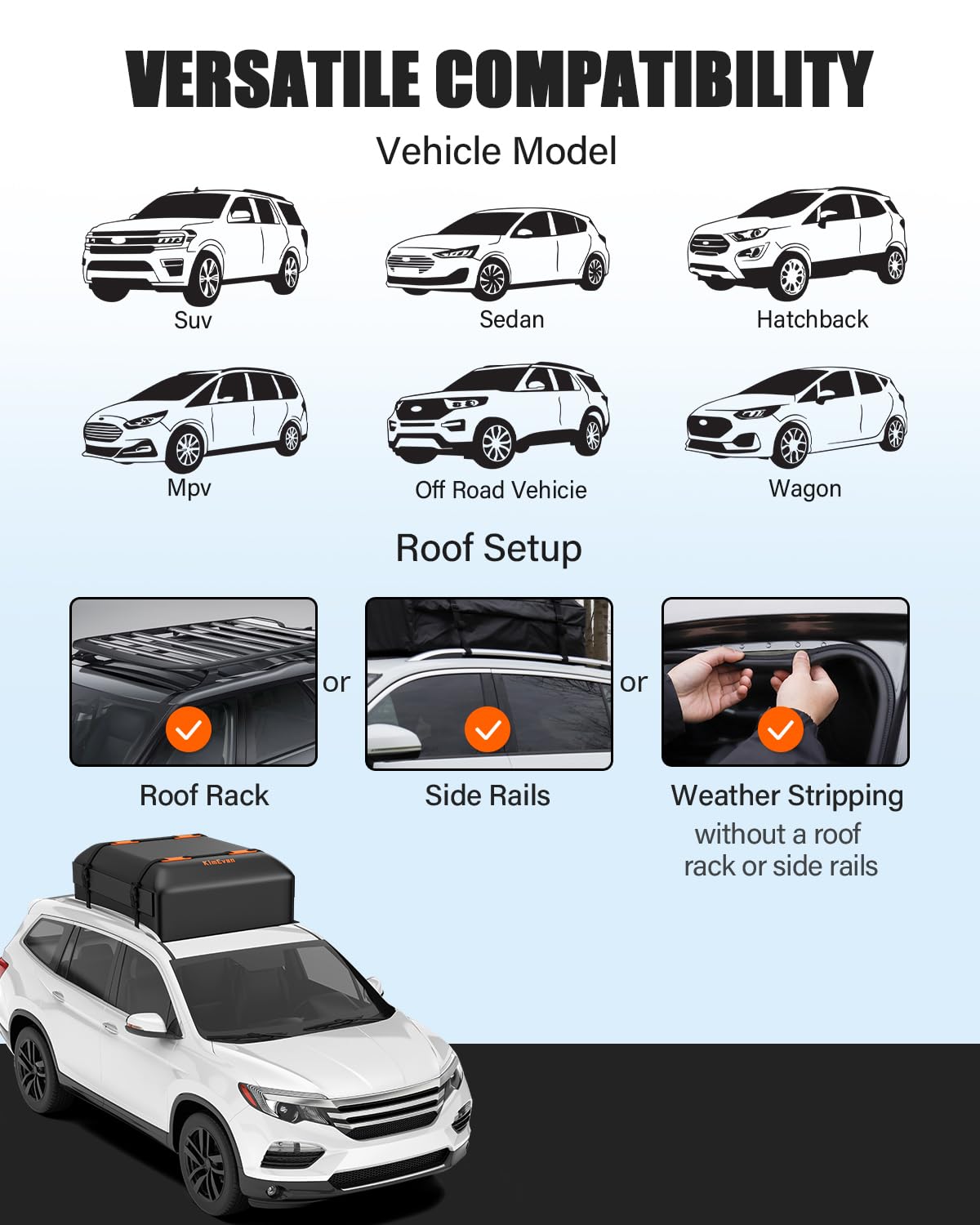 Kimevan Waterproof Rooftop Cargo Carrier, Upgrade Waterproof Design Luggage Roof Rack Soft Cargo Bag 15 Cubic feet for All Cars with/without Rack, includes Anti-Slip Mat, 2 Reinforced Straps