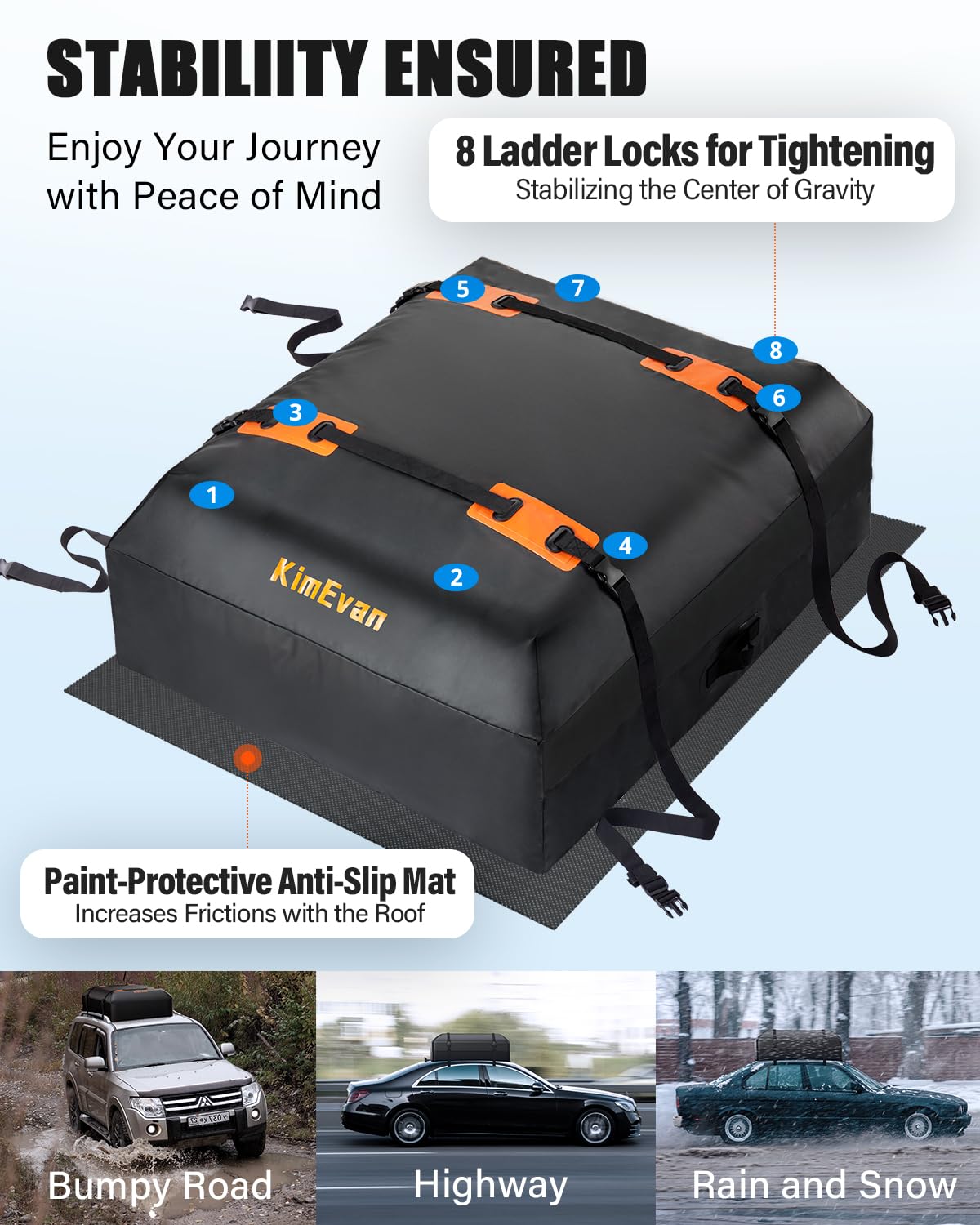 Kimevan Waterproof Rooftop Cargo Carrier, Upgrade Waterproof Design Luggage Roof Rack Soft Cargo Bag 15 Cubic feet for All Cars with/without Rack, includes Anti-Slip Mat, 2 Reinforced Straps