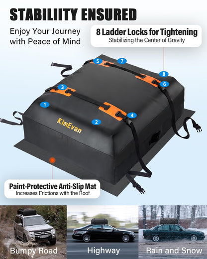 Kimevan Waterproof Rooftop Cargo Carrier, Upgrade Waterproof Design Luggage Roof Rack Soft Cargo Bag 15 Cubic feet for All Cars with/without Rack, includes Anti-Slip Mat, 2 Reinforced Straps
