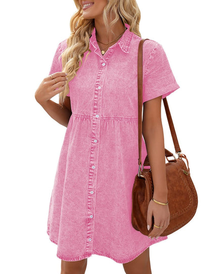 LookbookStore Pink Dresses for Women Valentines Day Pink Dress 2024 Summer Short Jean Dress Casual Short Sleeves Babydoll Denim Dress for Women Size L