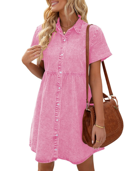 LookbookStore Pink Dresses for Women Valentines Day Pink Dress 2024 Summer Short Jean Dress Casual Short Sleeves Babydoll Denim Dress for Women Size L