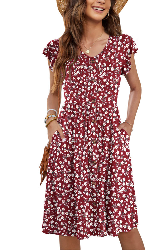 WNEEDU Women Summer Dresses Sleeveless Casual Loose Swing Button Down Midi Dress with Pockets(Floral Red,L)
